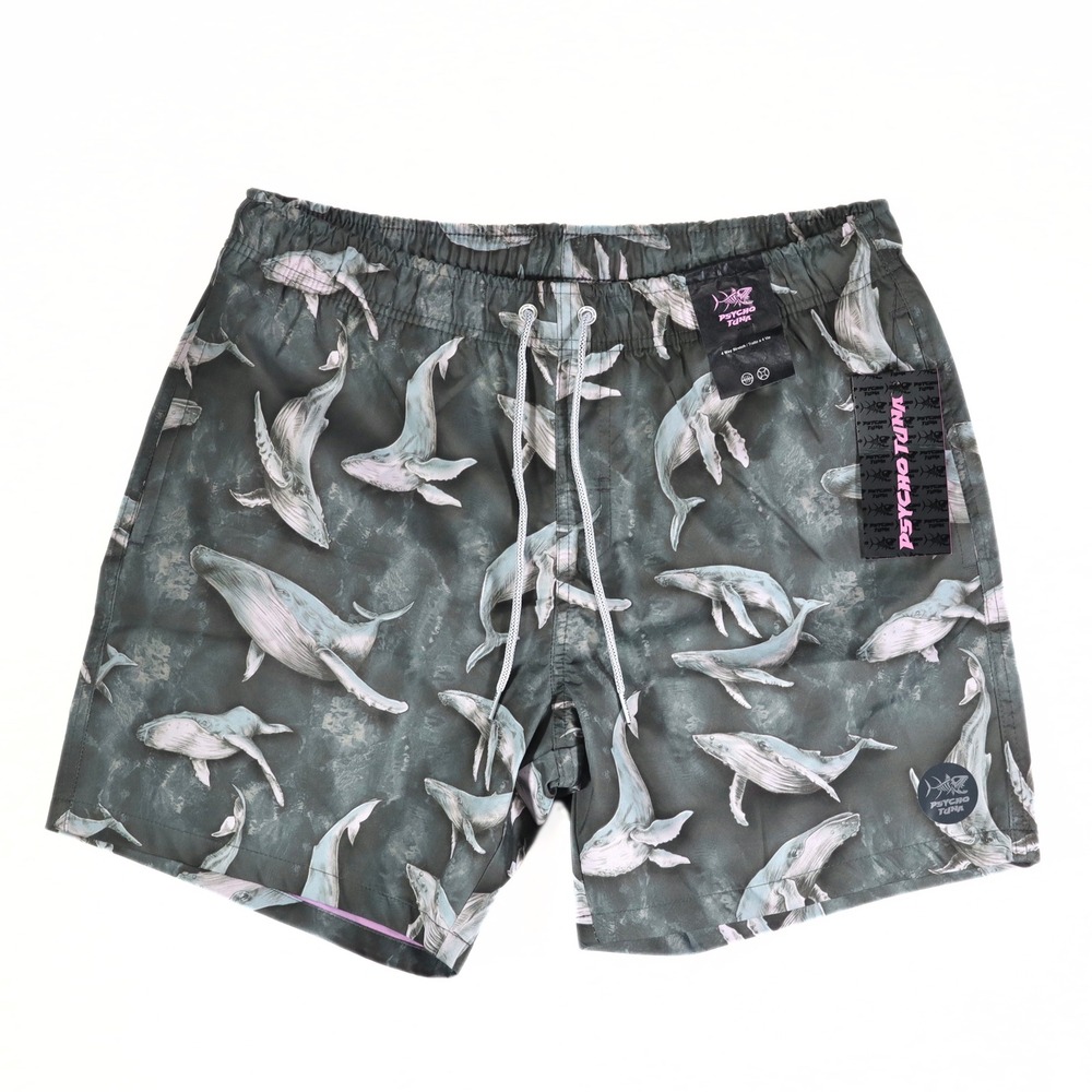 Psycho Tuna Mens Board‎ Shorts L Gray Whale Print 4-Way Stretch Swim Trunks NWT